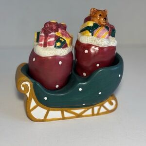 Sakura Warren Kimble Christmas Salt Pepper Shaker Set Sleigh Toy Sacks Presents
